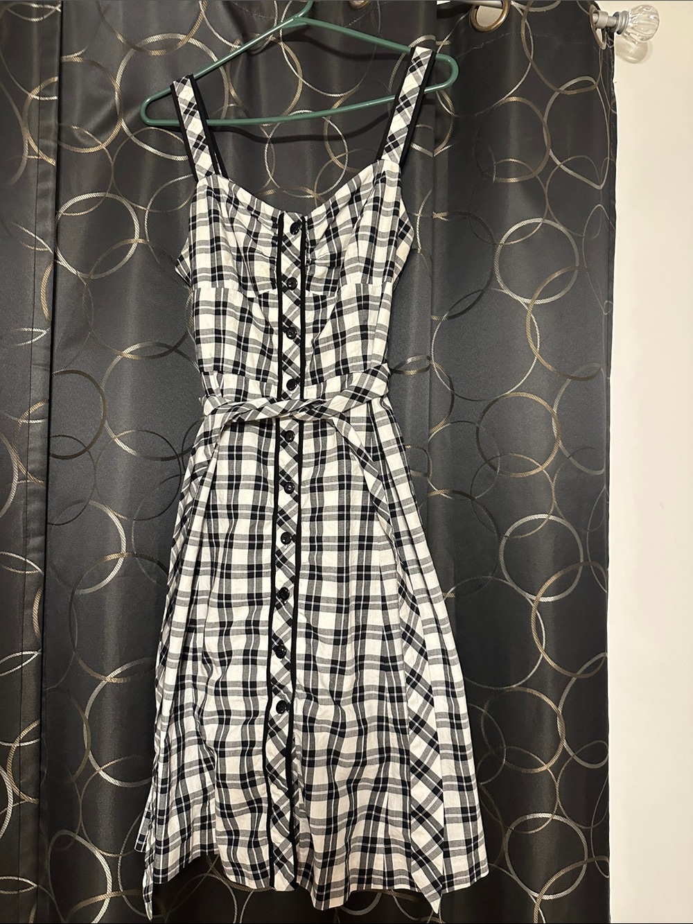 Black & White Plaid Midi Dress with Button-Front and Self-Tie Waist